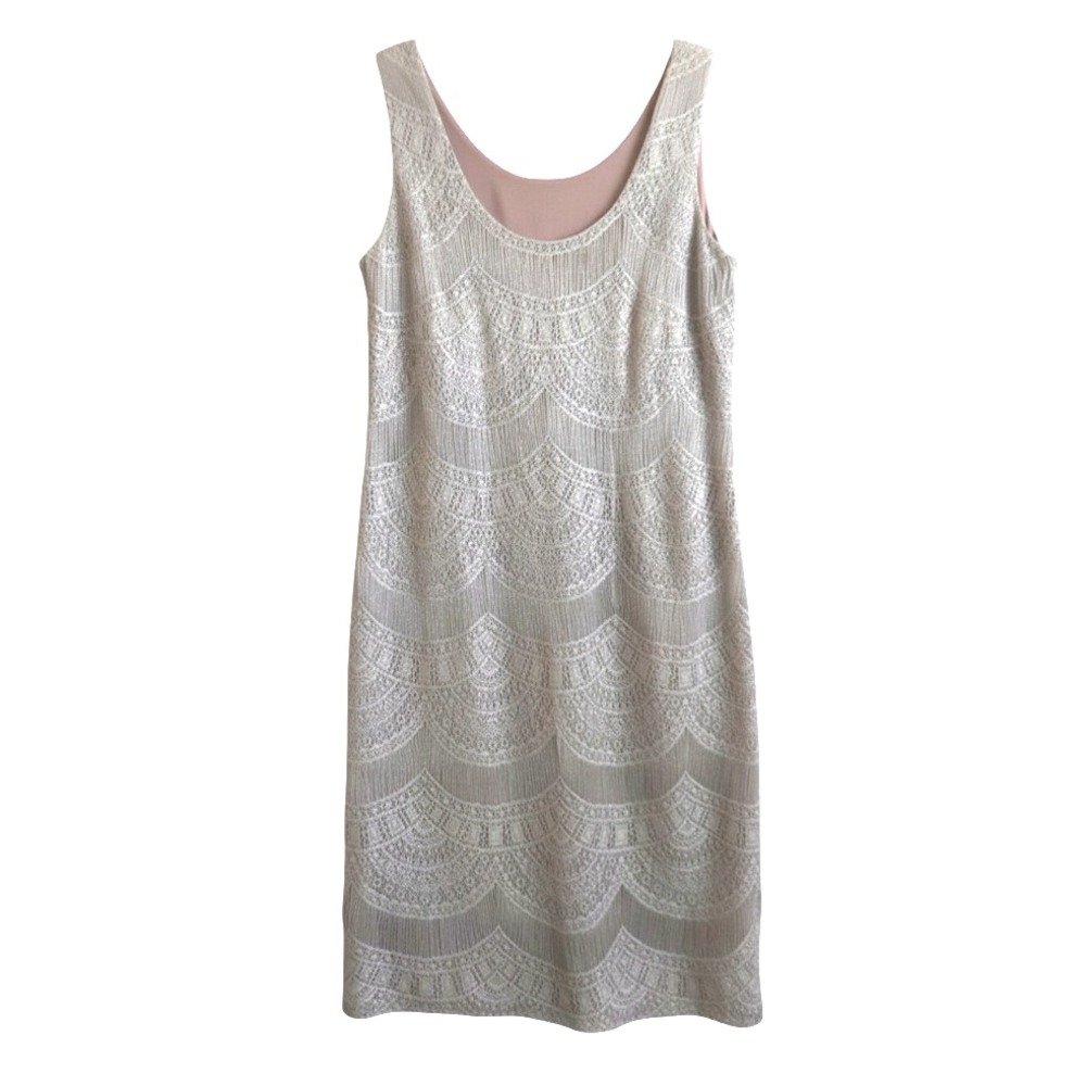 VTG Damianou Cocktail Dress SILVER CROCHET KNIT LACE Shift Gatsby Flapper SZ S